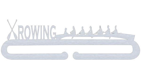 Laser-cut aluminum medal holder featuring the word 'ROWING' with crossed oars and a silhouette of a rowing team in a boat. Includes two large hooks for hanging medals.